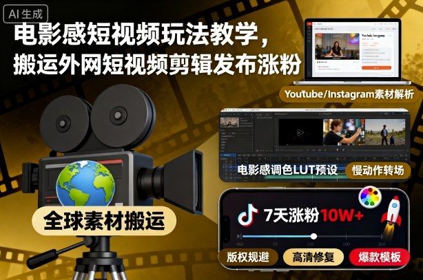 电影感短视频玩法教学，搬运外网短视频剪辑发布涨粉-大川资源分享站