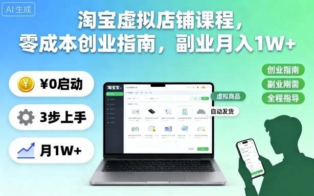 淘宝虚拟店铺课程，零成本创业指南，副业月入1W+-大川资源分享站