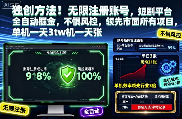 独创方法！无限注册账号，短剧平台全自动掘金，不惧风控，领先市面所有项目，单机一天3张【揭秘】-大川资源分享站