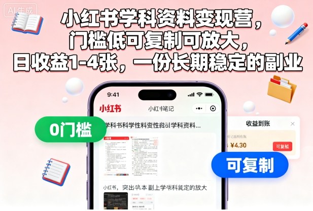 小红书学科资料变现营，门槛低可复制可放大，日收益1-4张，一份长期稳定的副业-大川资源分享站