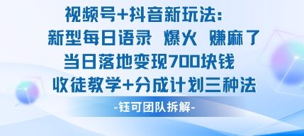 视频号加抖音新玩法：爆火新型每日语录，收徒教学加分成计划，三种变现玩法，当日变现7张-大川资源分享站