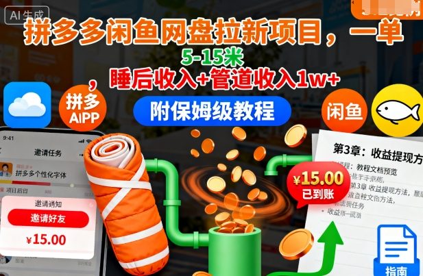 拼多多闲鱼网盘拉新项目，一单5-15米，睡后收入+管道收入1w+(附保姆级教程)-大川资源分享站