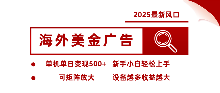 2025最新风口 海外美金广告 单机单日变现500+ 可矩阵放大 设备越多收…-大川资源分享站