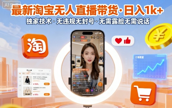 最新淘宝无人直播带货，日入1k+，独家技术，无违规无封号，无需露脸无需说话【揭秘】-大川资源分享站