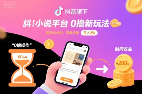 抖音旗下小说平台0撸新玩法,每天挂G60分钟,简单无脑,日入2张【揭秘】-大川资源分享站