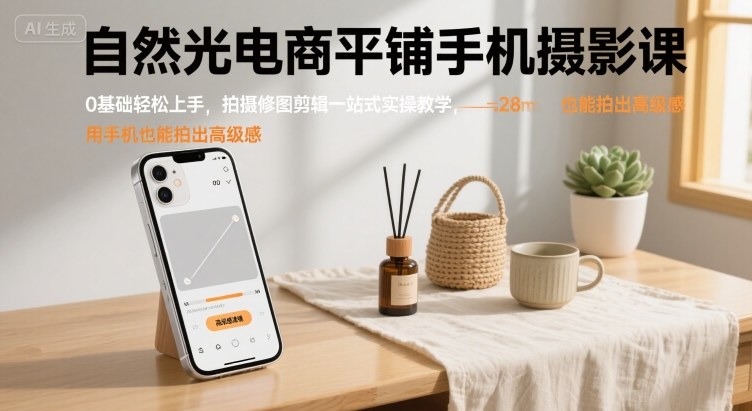 自然光电商平铺手机摄影课,0基础轻松上手,拍摄修图剪辑一站式实操教学,用手机也能拍出高级感-大川资源分享站