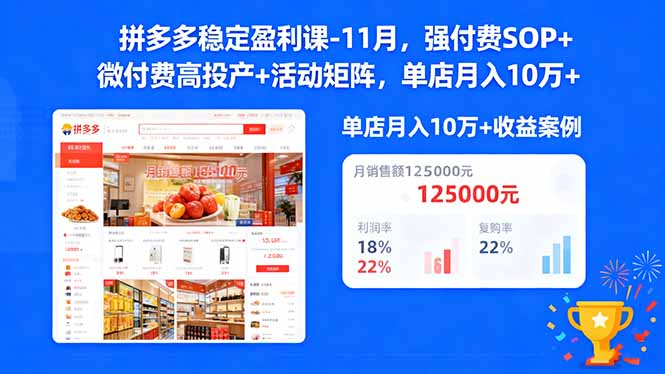 拼多多稳定盈利课-11月，强付费SOP+微付费高投产+活动矩阵，单店月入10w+-大川资源分享站