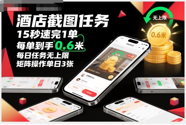 酒店截图任务，15秒速完1单，每单到手0.6米，每日任务无上限，全网首发玩法，矩阵操作单日3张【揭秘】-大川资源分享站