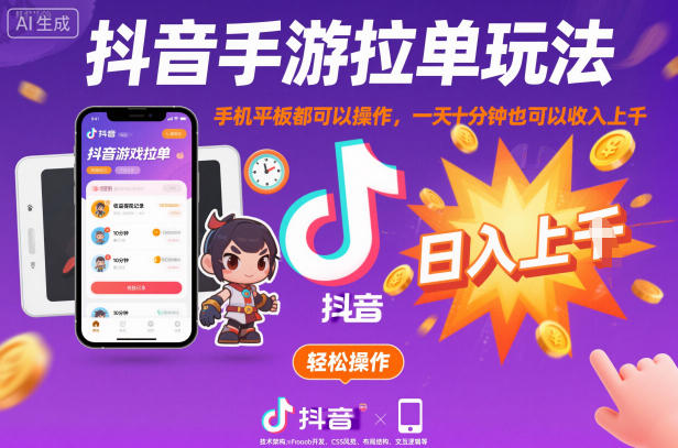 抖音手游拉单玩法，手机平板都可以操作，一天十分钟也可以收入上K【揭秘】-大川资源分享站