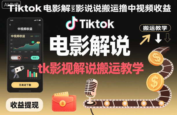Tiktok电影解说搬运撸中视频收益，tk影视解说搬运教学-大川资源分享站
