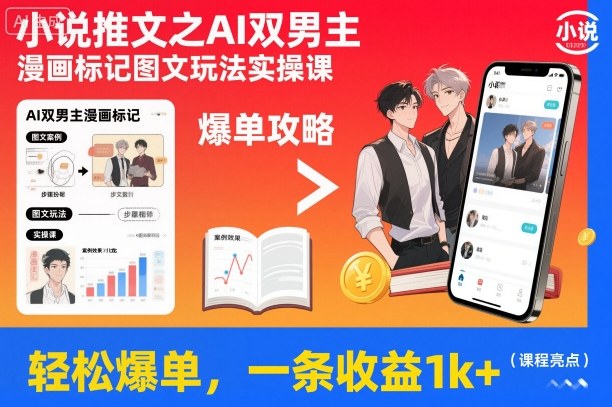 小说推文之AI双男主漫画标记图文玩法实操课，轻松爆单，一条收益1k+-大川资源分享站