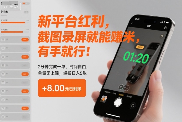 新平台红利，截图录屏就能賺米，有手就行！2分钟完成一单，时间自由，单量无上限，轻松日入5张【揭秘】-大川资源分享站