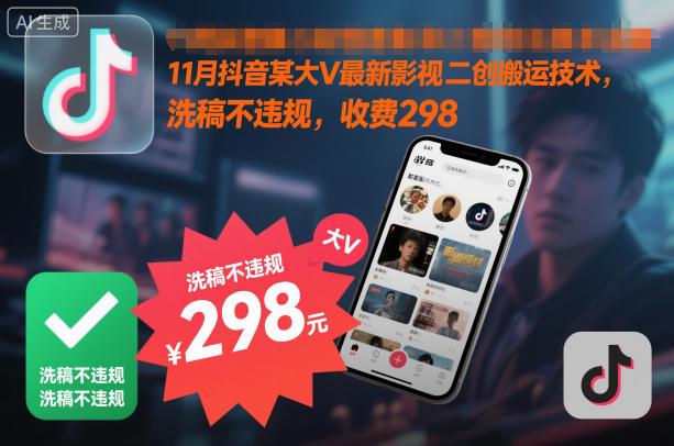 11月抖音某大V最新影视二创搬运技术，洗稿不违规，收费298-大川资源分享站