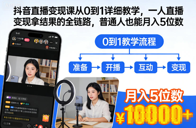 抖音直播变现课从0到1详细教学，一人直播变现拿结果的全链路，普通人也能月入5位数-大川资源分享站