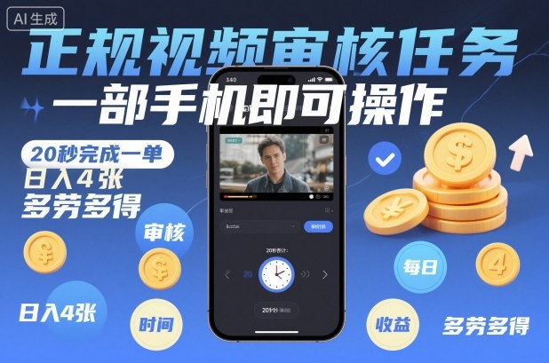 正规视频审核任务，一部手机即可操作，20秒完成一单，日入4张，多劳多得【揭秘】-大川资源分享站