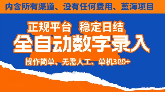 全自动数字录入，单机日入3张+，内含所有渠道全程免费零成本，操作简单可矩阵开干【揭秘】-大川资源分享站