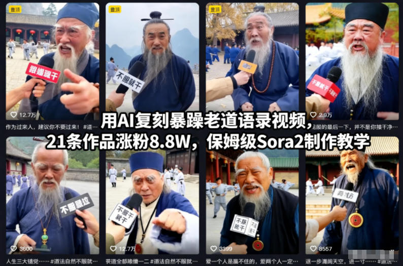 用AI复刻暴躁老道语录视频，21条作品涨粉8.8W，保姆级Sora2制作教学-大川资源分享站