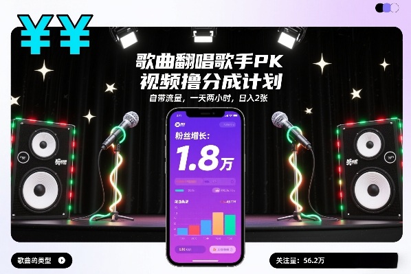 歌曲翻唱歌手PK视频撸分成计划，自带流量，一天两小时，日入2张-大川资源分享站