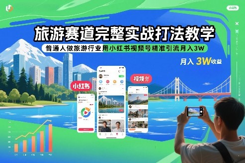 旅游赛道完整实战打法教学，普通人做旅游行业用小红书视频号精准引流月入3W-大川资源分享站