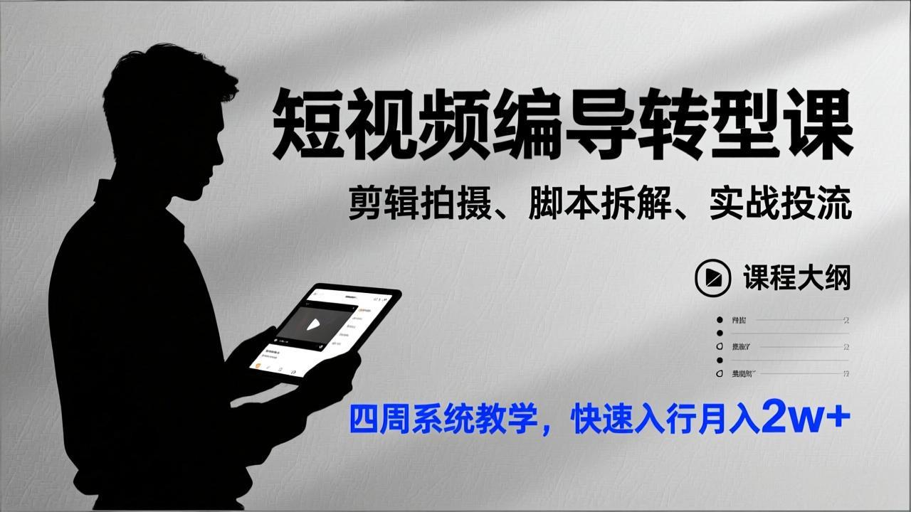 短视频编导转型课，剪辑拍摄、脚本拆解、实战投流，四周系统教学，快速入行月入2w+-大川资源分享站