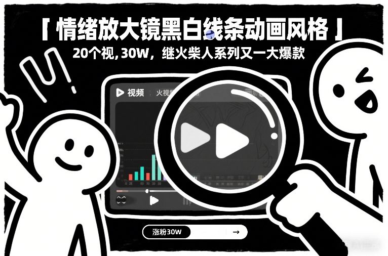 情绪放大镜黑白线条动画风格，20个视频，涨粉30W，继火柴人系列又一大爆款-大川资源分享站