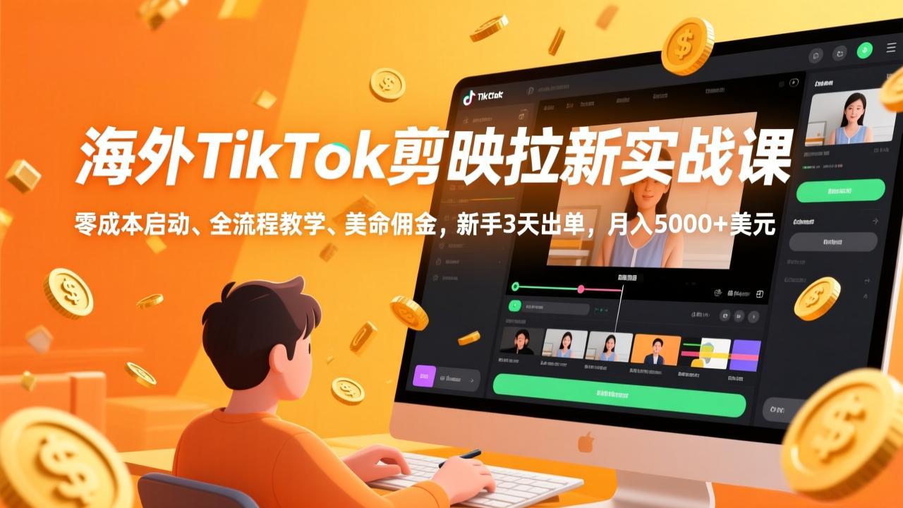 海外TikTok剪映拉新实战课，零成本启动、全流程教学、美金佣金，新手3天出单，月入5000+美元-大川资源分享站