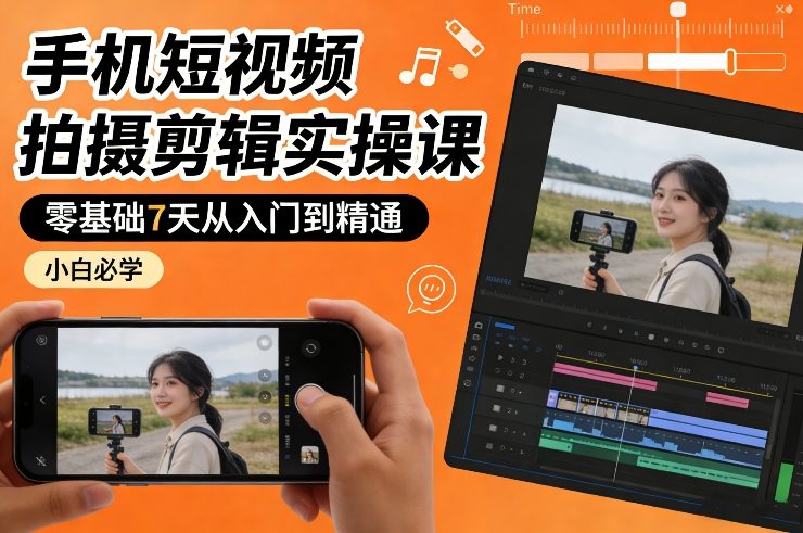 手机短视频拍摄剪辑实操课,零基础7天从入门到精通,小白必学-大川资源分享站