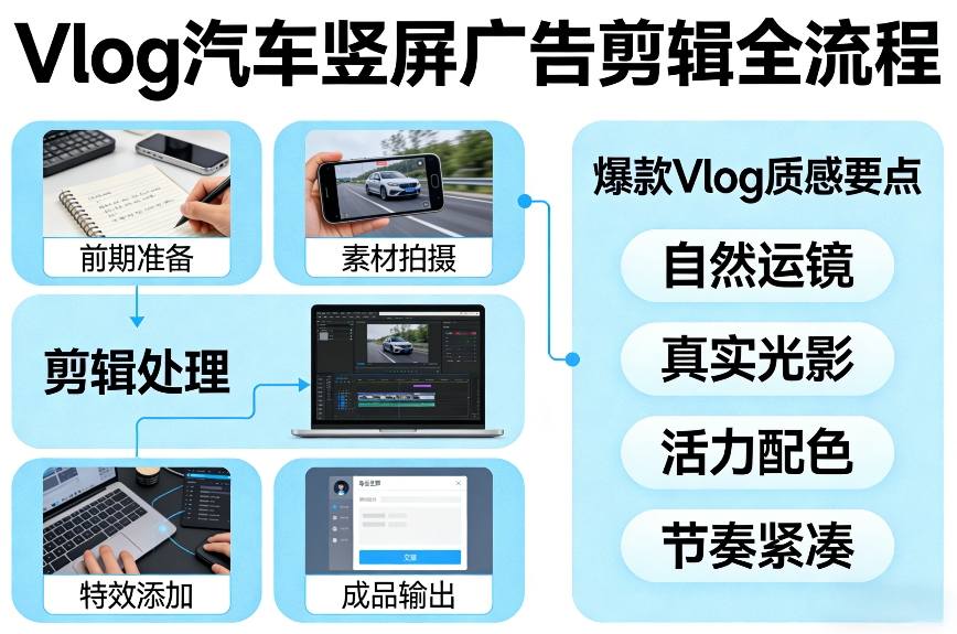 Vlog感觉汽车竖屏广告剪辑脚本全流程,拿捏爆款Vlog质感-大川资源分享站
