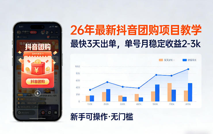 26年最新抖音团购项目教学，0门槛，最快3天出单，单号月稳定收益2-3k-大川资源分享站