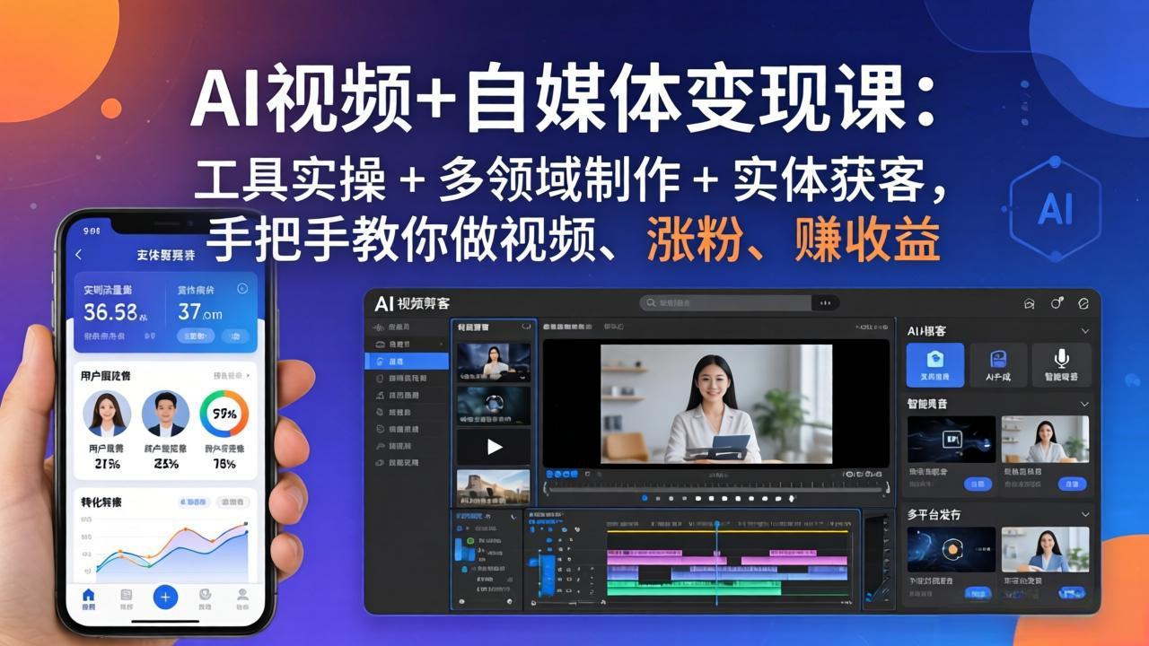 AI视频+自媒体变现课：工具实操 + 多领域制作 + 实体获客，手把手教你做视频、涨粉、赚收益-大川资源分享站