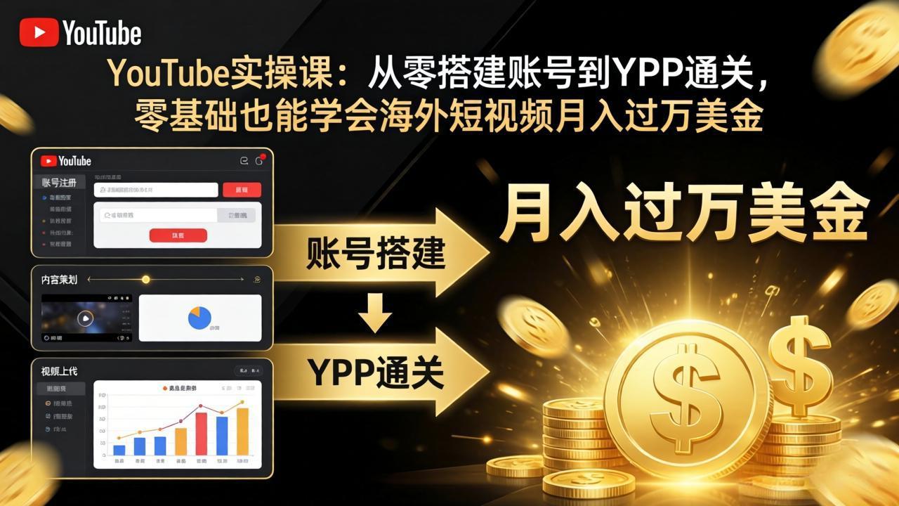 YouTube实操课：从零搭建账号到YPP通关，零基础也能学会海外短视频月入过万美金-大川资源分享站
