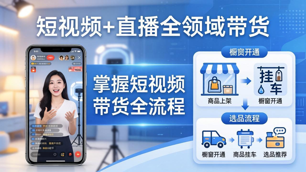 短视频+直播全领域带货-更新：掌握橱窗开通、挂车、选品、爆款文案改编等短视频带货全流程-大川资源分享站