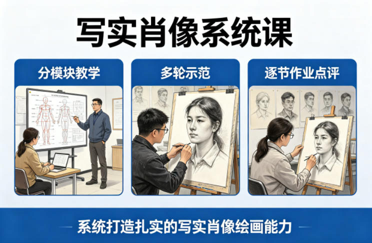 写实肖像系统课，全程分模块教学+多轮示范+逐节作业点评，系统打造扎实的写实肖像绘画能力-大川资源分享站