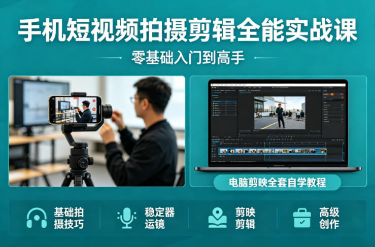 手机短视频拍摄剪辑全能实战课：零基础入门到高手，稳定器运镜+电脑剪映全套自学教程-大川资源分享站