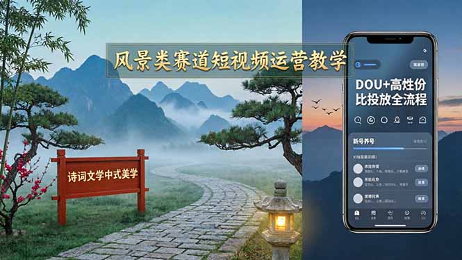 风景类赛道短视频运营教学：诗词文学中式美学，新号养号对标账号定位，DOU+高性价比投放全流程-大川资源分享站