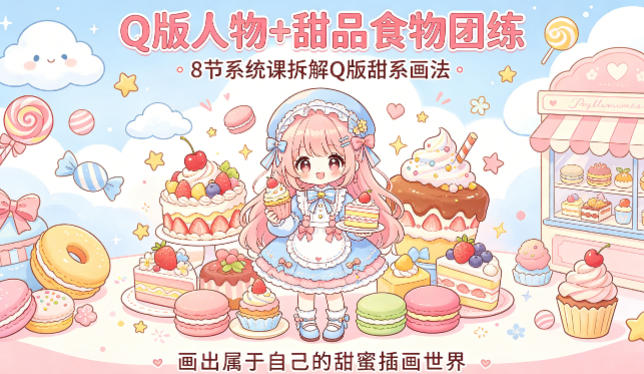Q版人物+甜品食物团练，8节系统课拆解Q版甜系画法，画出属于自己的甜蜜插画世界-大川资源分享站