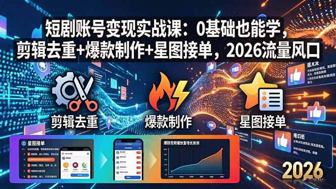 短剧账号变现实战课：0基础也能学，剪辑去重+爆款制作+星图接单，2026流量风口-大川资源分享站