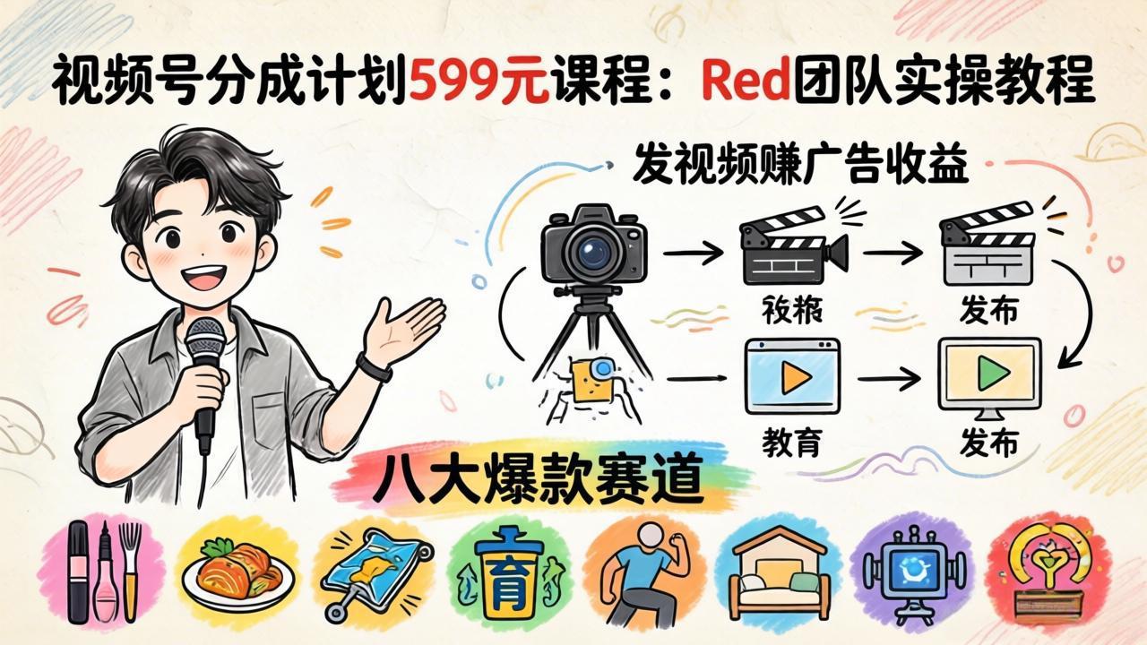 视频号分成计划599元课程：Red团队实操教程，发视频赚广告收益，八大爆款赛道全掌握-大川资源分享站