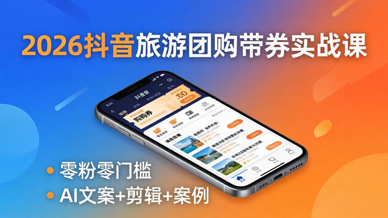 2026抖音旅游团购带券实战课：零粉零门槛，AI文案+剪辑+案例，躺着赚门票佣金-大川资源分享站
