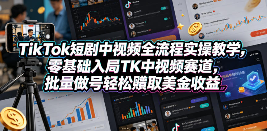 TikTok短剧中视频全流程实操教学，零基础入局TK中视频赛道，批量做号轻松賺取美金收益-大川资源分享站
