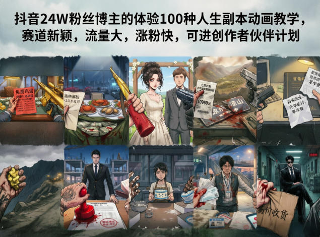 抖音24W粉丝博主的体验100种人生副本动画教学，赛道新颖，流量大，涨粉快，可进创作者伙伴计划-大川资源分享站