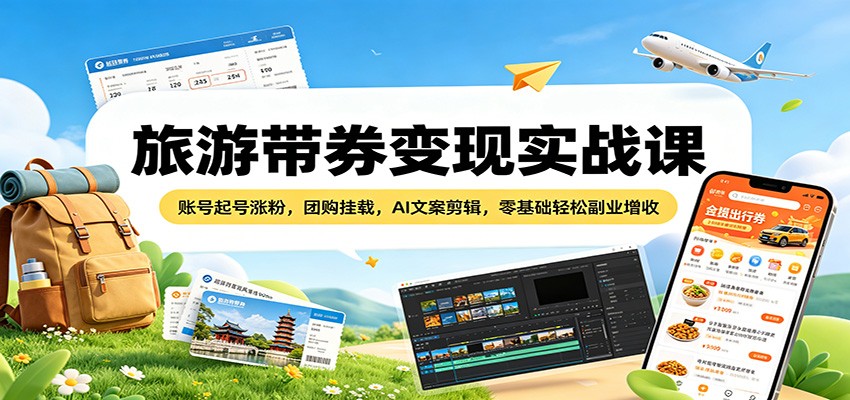 旅游带券变现实战课：账号起号涨粉，团购挂载，AI文案剪辑，零基础轻松副业增收-大川资源分享站