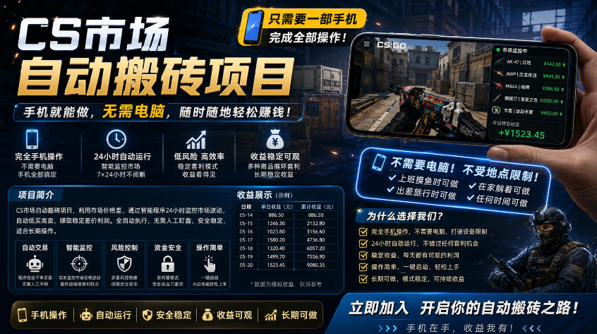 手机即可操作的CS市场自动搬砖系统｜自动监控｜自动下单|日入300+【揭秘】-大川资源分享站