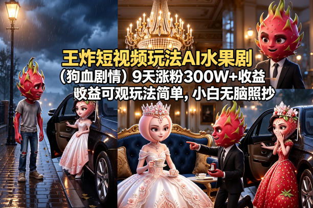 王炸短视频玩法AI水果剧(狗血剧情)9天涨粉300W+收益可观玩法简单，小白无脑照抄，详细拆解玩法-大川资源分享站