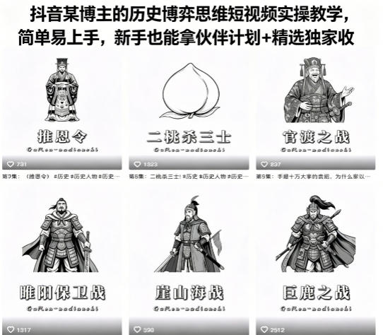 抖音某博主的历史博弈思维短视频实操教学，简单易上手，新手也能拿伙伴计划+精选独家收益-大川资源分享站