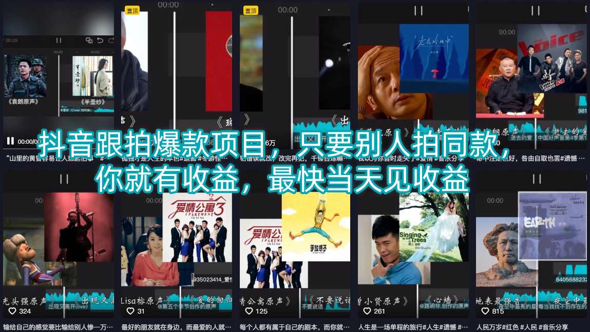 抖音跟拍爆款项目，只要别人拍同款，你就有收益，最快当天见收益-大川资源分享站