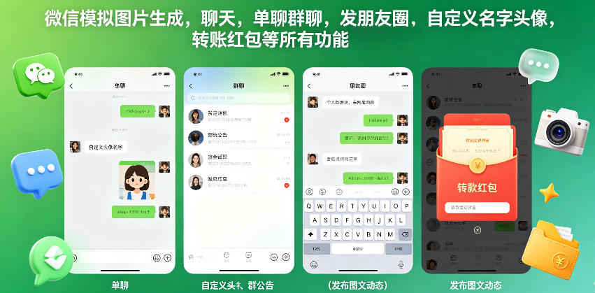 微信模拟图片生成，聊天，单聊群聊，发朋友圈，自定义名字头像，转账红包等所有功能都可以生成-大川资源分享站
