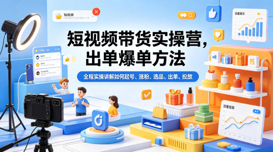 短视频带货实操营，出单爆单方法，全程实操讲解如何起号、涨粉、选品、出单、投放(更新0515)-大川资源分享站
