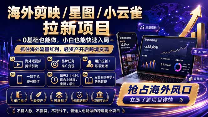 海外剪映 / 星图 / 小云雀拉新项目 普通人也能上手的跨境流量变现副业-大川资源分享站