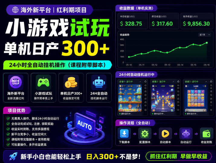 海外新平台，小游戏试玩，单机日产300+，24小时全自动挂G操作(课程附带脚本)【揭秘】-大川资源分享站